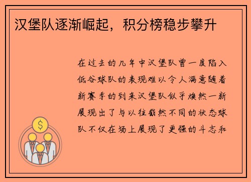 汉堡队逐渐崛起，积分榜稳步攀升